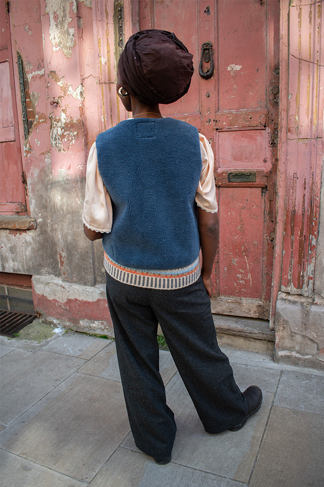 Thinking Mu Jay Blue Fuzz Sleeveless Jacket