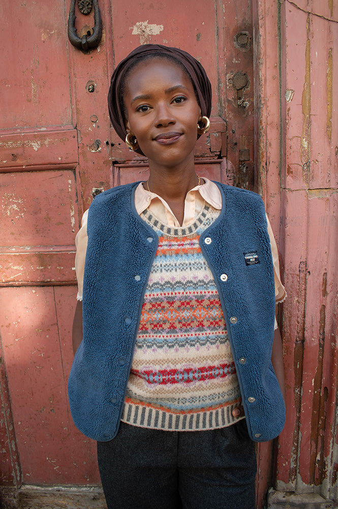 Thinking Mu Jay Blue Fuzz Sleeveless Jacket