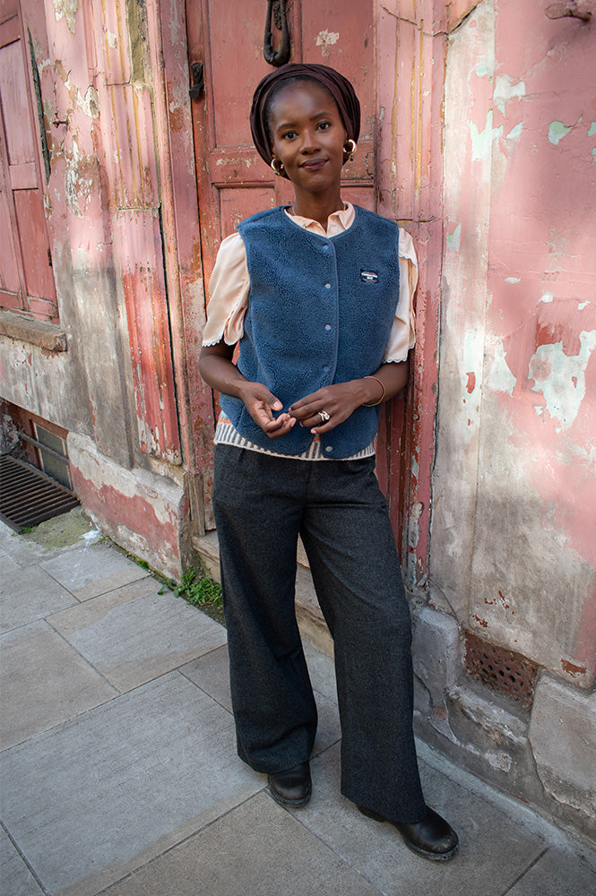 Thinking Mu Jay Blue Fuzz Sleeveless Jacket