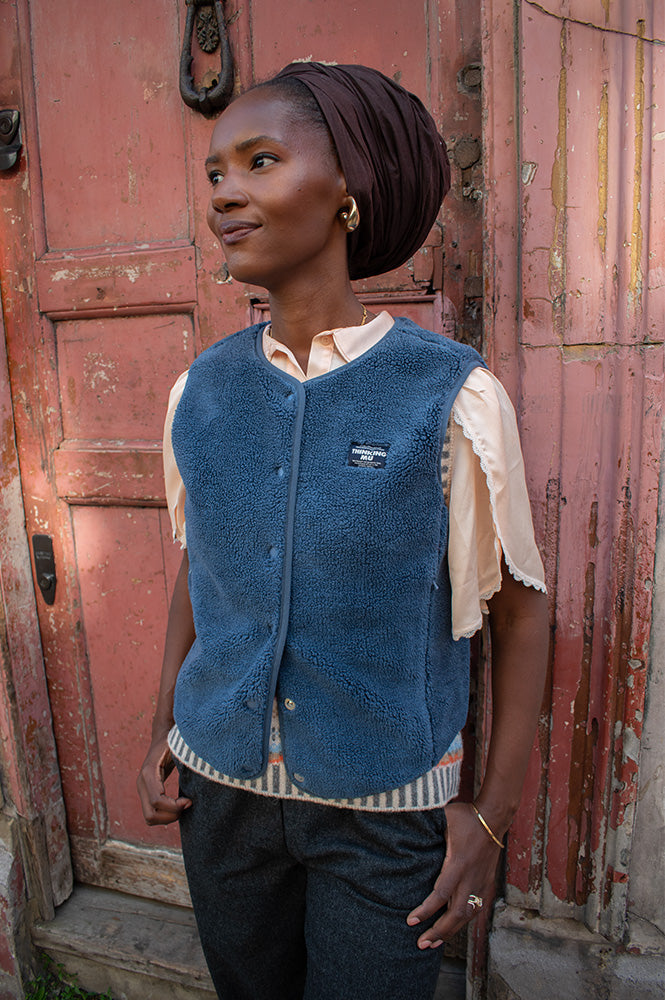 Thinking Mu Jay Blue Fuzz Sleeveless Jacket