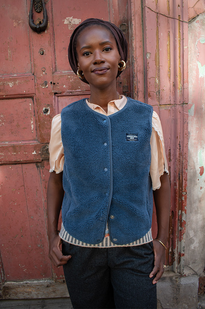 Thinking Mu Jay Blue Fuzz Sleeveless Jacket