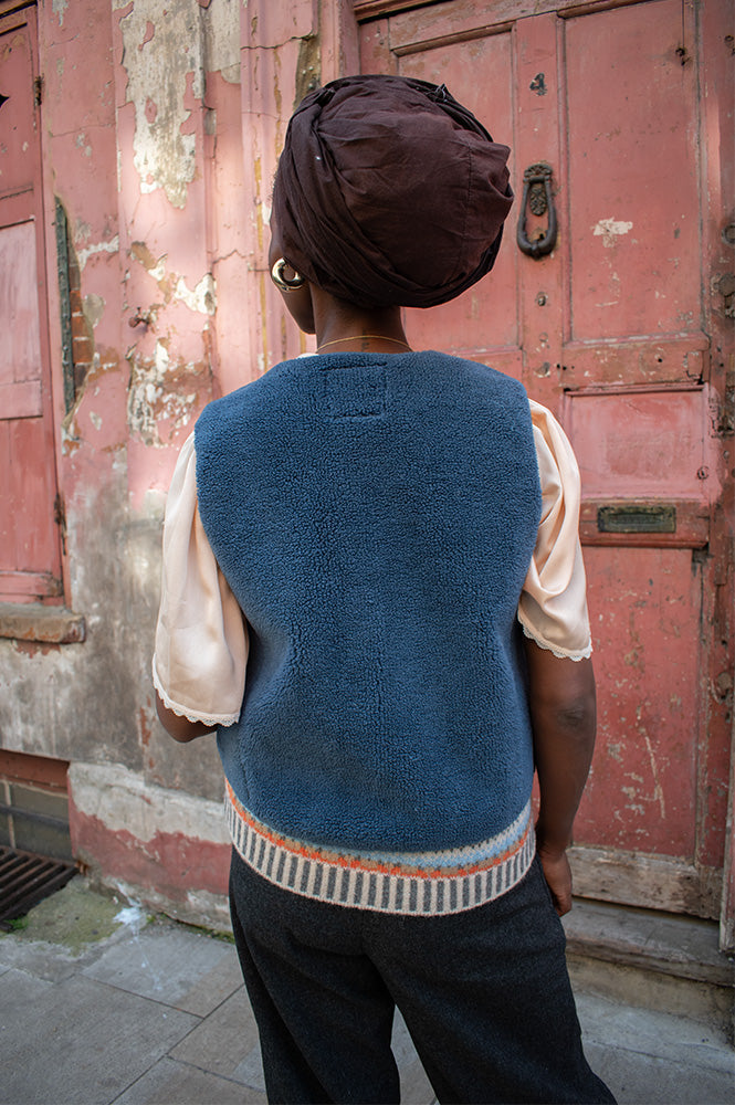 Thinking Mu Jay Blue Fuzz Sleeveless Jacket