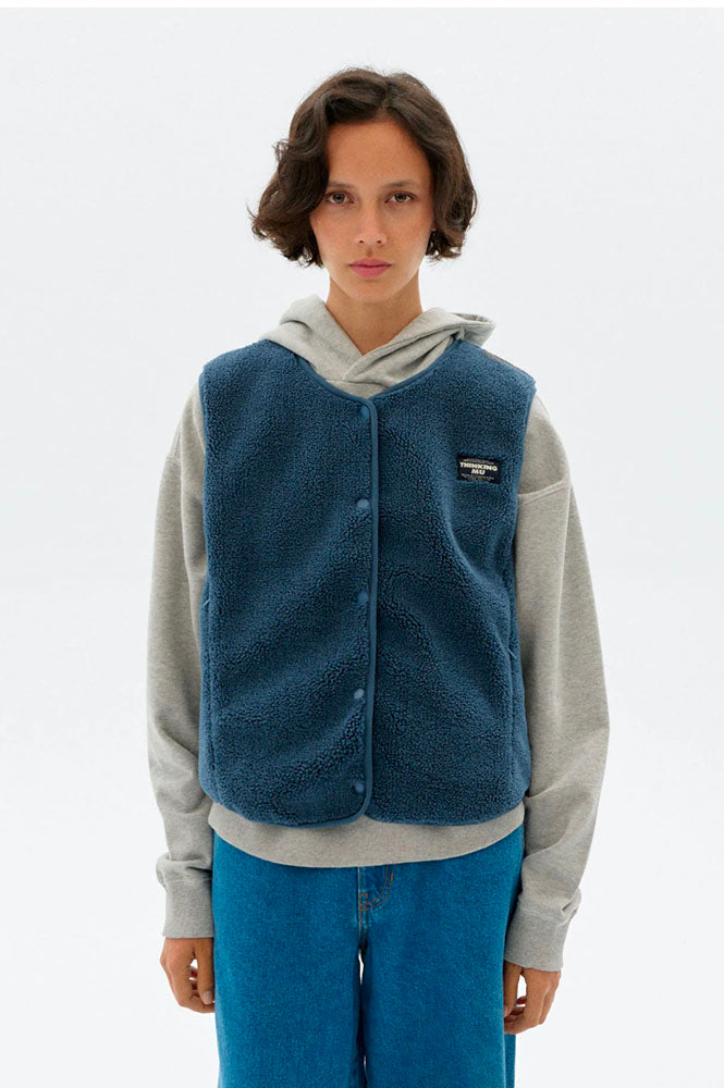 Thinking Mu Jay Blue Fuzz Sleeveless Jacket