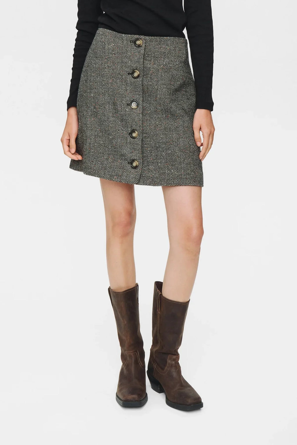 Numph Avey Caviar Herringbone Mini Skirt