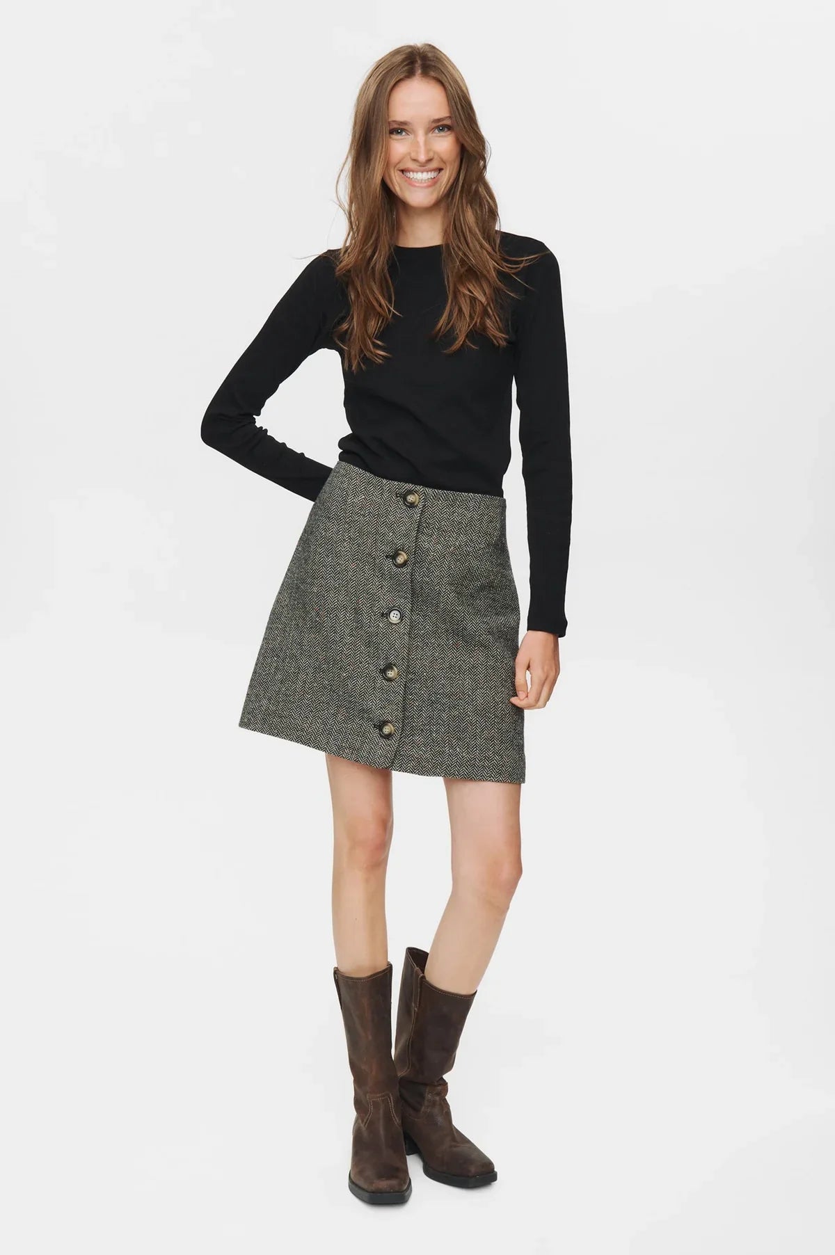 Numph Avey Caviar Herringbone Mini Skirt