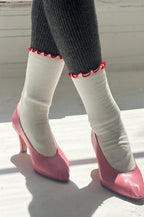 Le Bon Shoppe Ruffled Cream Red Edge Socks