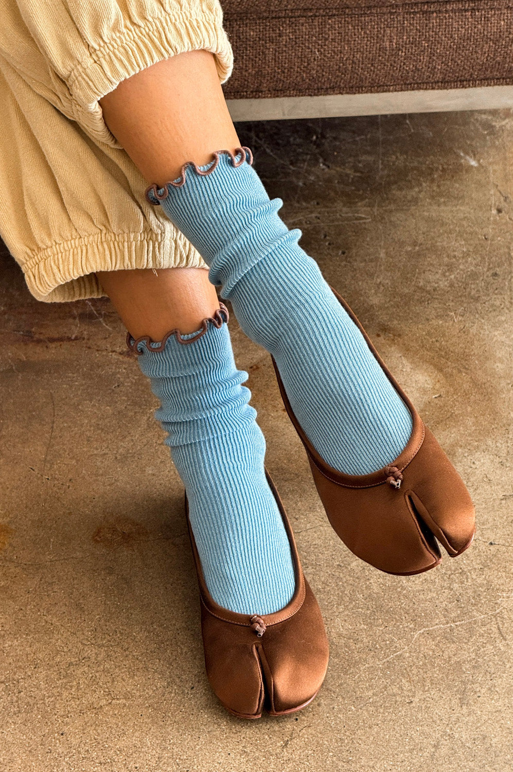 Le Bon Shoppe Ruffled Powder Blue Brown Edge Socks