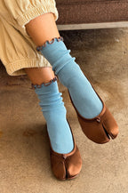 Le Bon Shoppe Ruffled Powder Blue Brown Edge Socks